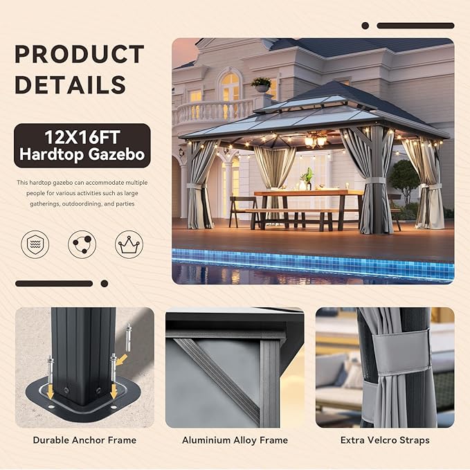 Aoxun 12'x16' Hardtop Gazebo, Aluminum Frame Permanent Pavilion with Curtains and Netting, Outdoor Polycarbonate Double Roof Canopy, Designed for Garden, Lawns (Gray)