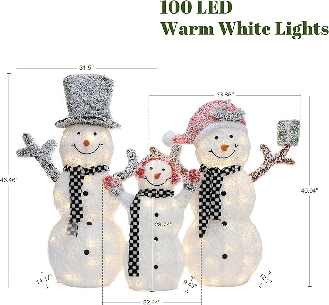 LuxenHome 3.5FT Lighted Snowman Family Outdoor Decorations, Prelit Frosted Snowman with Hat and Scarf, Illuminated Christmas Decorations Indoor and Outdoor for Porch, Lawn, Holiday Yard Decor
