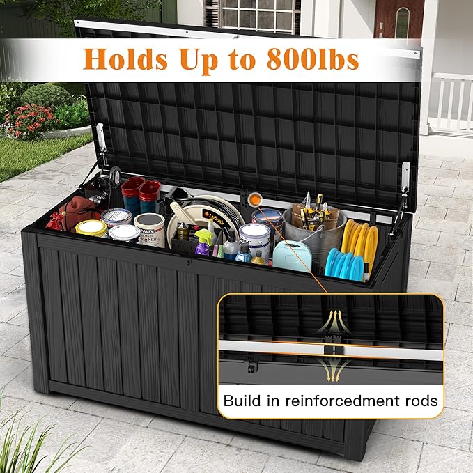Outdoor Storage Box - Lockable Waterproof UV-Resistant Resin Deck Box for Patio Cushions, Pool Accessories (Black, 180 Gallon)