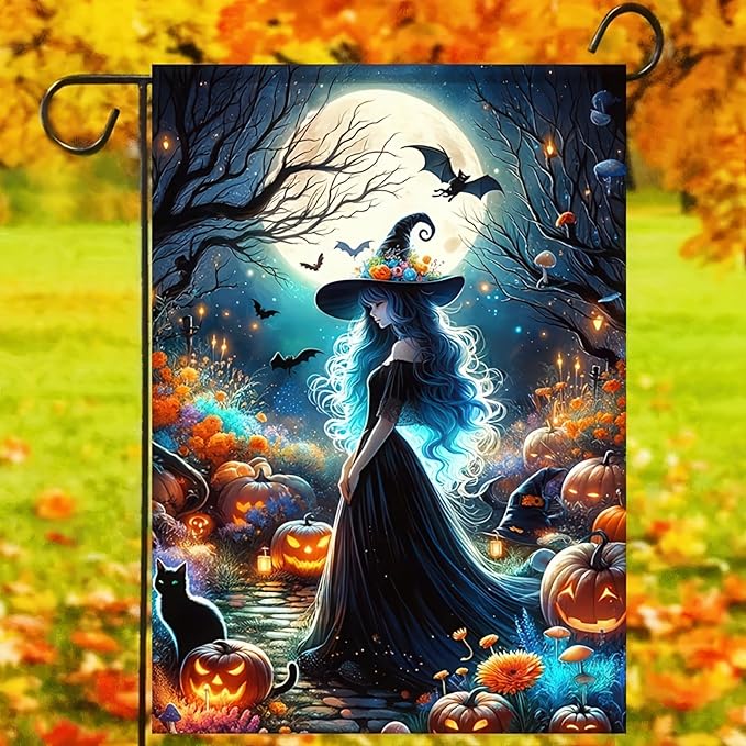 Halloween Witch Garden Flags,Witch Best Friend Black Cat Halloween Yard Flag,Holiday Patio Yard Outdoor Party Decor 12x18 Inch Double Sided