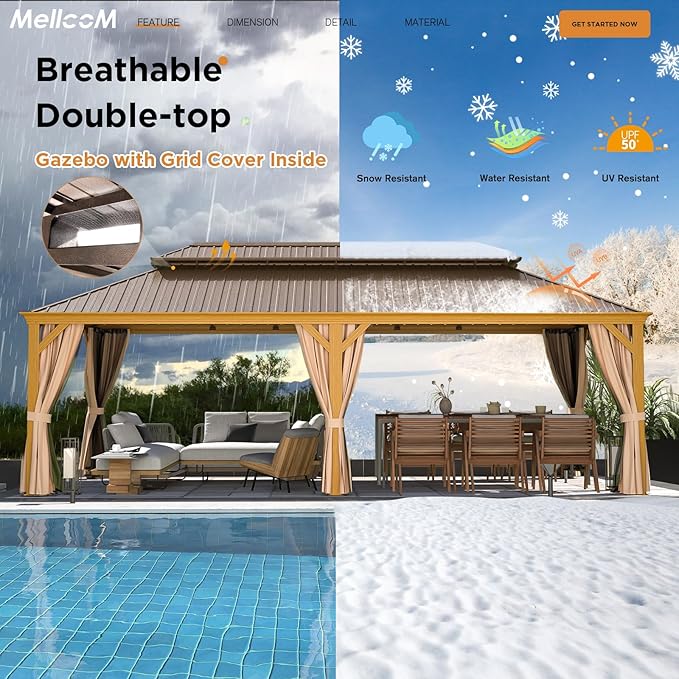 MELLCOM 12'x24' Hardtop Gazebo, Wood Grain Aluminum Frame with Galvanized Steel Double Roof, Outdoor Gazebo with Curtains and Nettings for Patio, Backyard and Deck