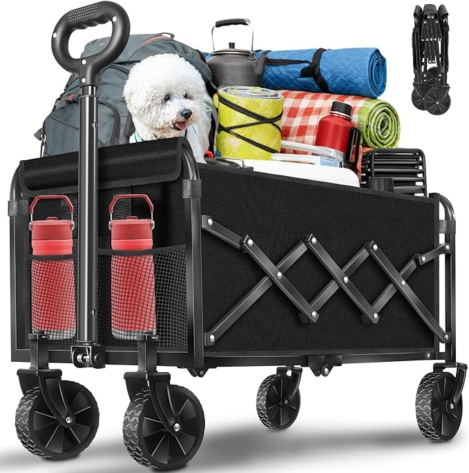 Wagons Carts Foldable, 260 Lbs with Adjustable Handle, Black Lightweight Portable, Collapsible Wagon for Camping, Shopping, Sports, Travel, Garage and Gardening Storage with Drink Holders