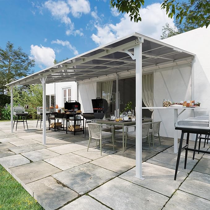 MEISSALIVVE 12' x 20' Wall Mounted Gazebo, Outdoor BBQ Grill Gazebo with Side Shelf, Lean to Metal Awnings with Sloped Roof, Heavy Duty Pergola for Backyard, Deck, White