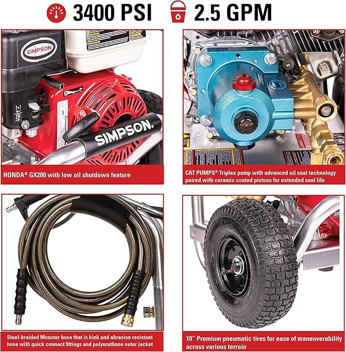 Simpson Cleaning 3400 PSI Gas Pressure Washer, 2.5 GPM Power Washer for Commercial Use, Honda GX200 Engine, 25-Foot Hose, Aluminum Series, 49-State (ALH3228-S)