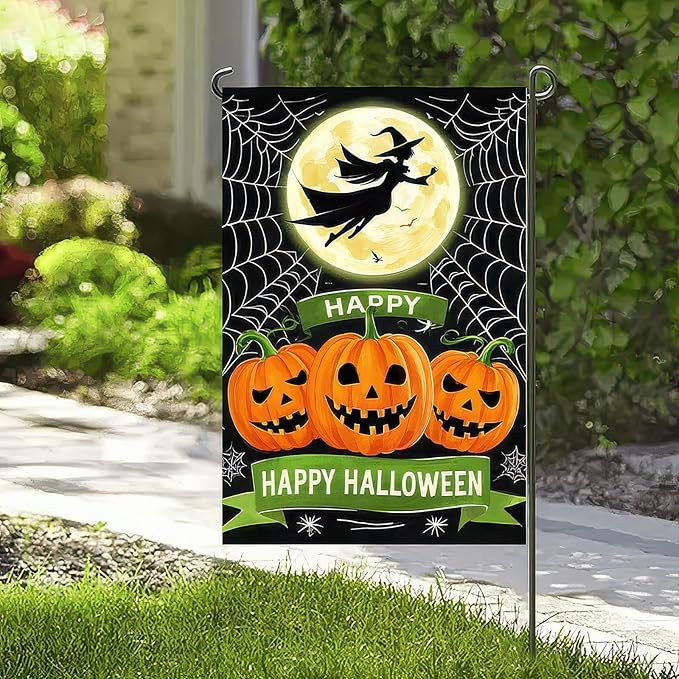 Happy Halloween Garden Flag 12x18 Inch Double Sided Witch Flying Over Moon Pumpkin Flags Spider Web Small Yard Flag for Halloween Outdoor Lawn Decoration