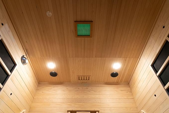 Far Infrared Wooden Sauna, Luxurious Canadian Hemlock Sauna with 2 Oversize Recliners, 220V, 3400 W, 9 Heating Element, Bluetooth Speakers, 7 Color Light, Oxygen Bar-Fast Delivery