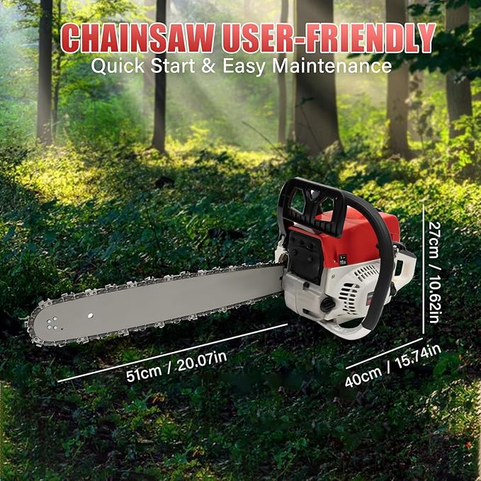 20 Inch Gas Chainsaw 52CC 2KW Petrol Chainsaws 2-Stroke Engine Chainsaw Chain Saw Set for Cutting Wood Outdoor Home Farm (Red)