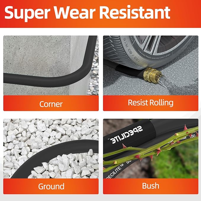 SPECILITE Garden Water Hose 150 ft x 5/8 in Heavy Duty, Flexible and Lightweight, Burst 600 psi, Kink-less Hybrid Rubber Pipe for Backyard, 3/4'' Brass Fittings, Black