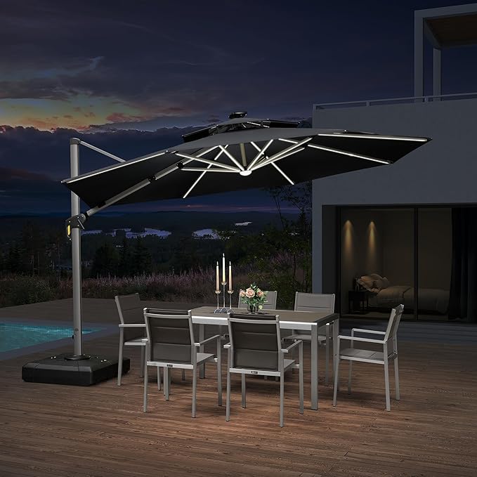 PURPLE LEAF 12ft Solar powered LED Patio Umbrella Outdoor Round Umbrella Large Cantilever Umbrellas with LED lights Windproof Offset Umbrellas Heavy Duty Sun Umbrella for Garden Deck Pool Patio, Black