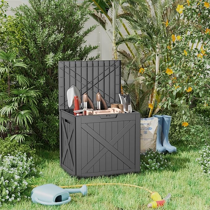 Resin Deck Box - 32 Gallon Lockable Outdoor Storage, Water-Resistant Indoor/Outdoor Bin for Package Delivery, Patio Cushions, Gardening Tools
