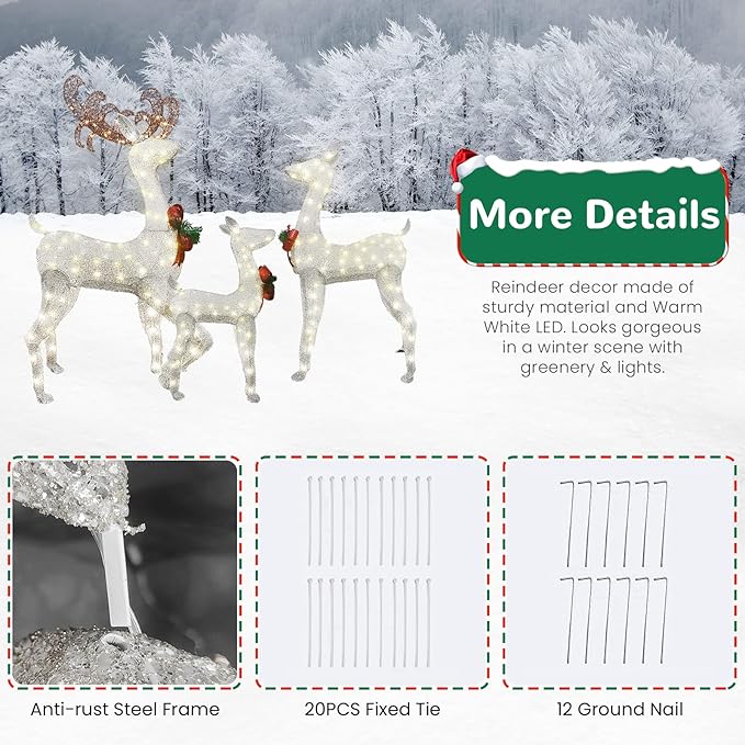 AWQM 3-Piece Lighted Christmas Reindeer, Christmas Deer Family Set with Red Bow, 50+80+100 LED Lights, Indoor or Outdoor Christmas Holiday Decoration for Yards Garden Lawn Patio Light Up Display,White