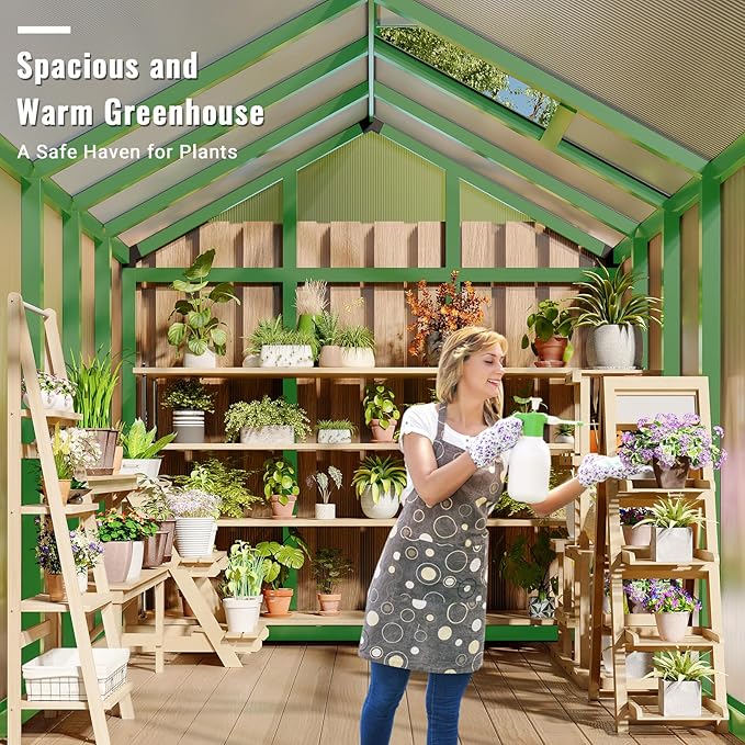 6x8 FT Greenhouse, Easy Assembly Aluminum Polycarbonate Greenhouses for Outdoors with Roof Vent, Large Aluminum Walk-in Greenhouse for Sunroom Patio, Backyard, Garden, Sliding Lockable Door, Green