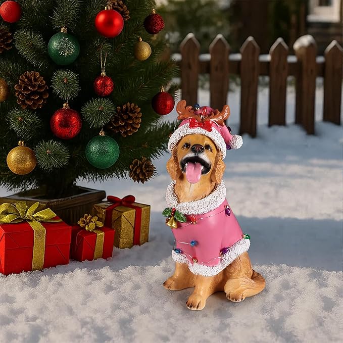 Christmas Outdoor Decoration Dog Statue, LED Light Cute Golden Retriever Dog Sculpture with Pink Santa Outfit & Lights for Garden and Yard, Indoor Holiday Décor Gift for mom and dad