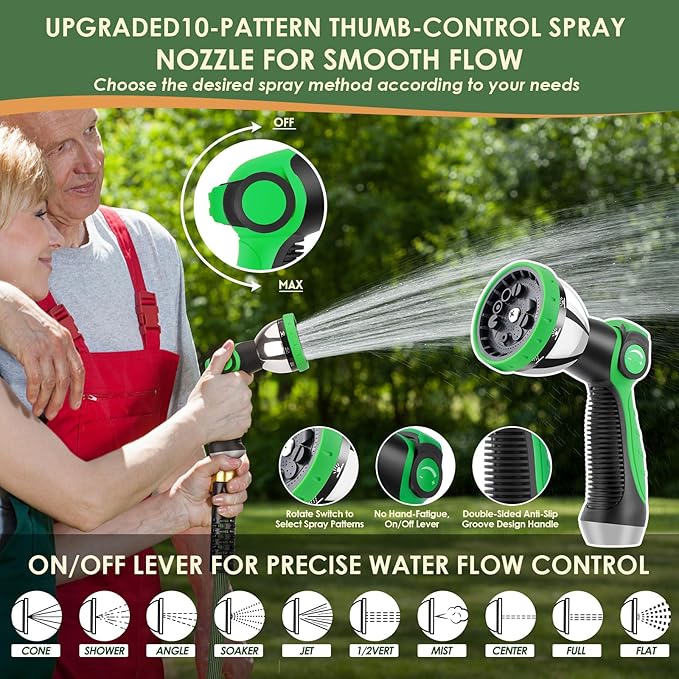 Non-Expandable Garden Hose 50 ft, Ultra Lightweight Flexible Water Hose with 10-Pattern Nozzle, Leak-Proof, High-Density Fabric, Thickened Connector, Shut-Off Valve for Yard, Lawn, Outdoor