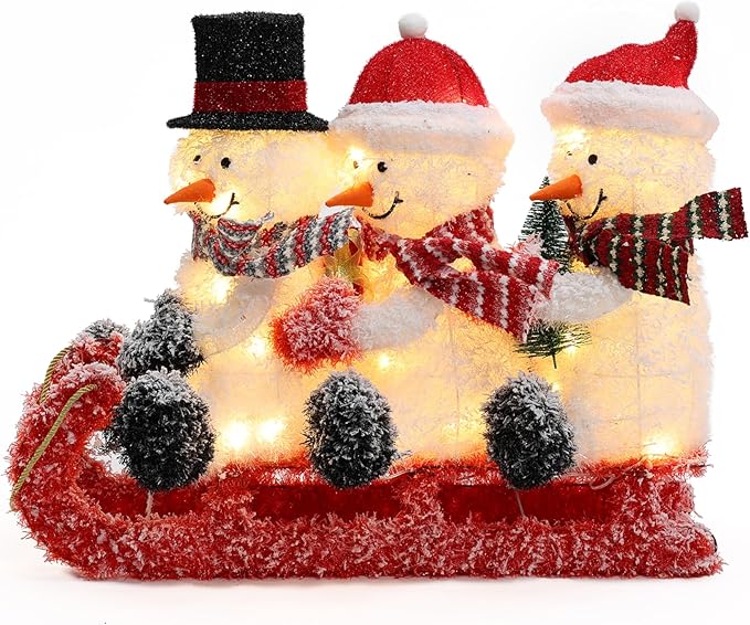 LuxenHome 30" H Lighted Snowman Outdoor Christmas Decorations, Prelit Frosted Snowman Family Trio on Sled Christmas Decor, Illuminated Christmas Decorations Outdoor and Indoor for Yard, Lawn, Porch