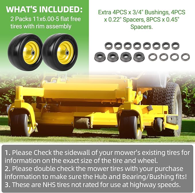 AR-PRO 11x6.00-5 Flat Free Tire and Wheel - Relacement 11x6-5 Solid Rubbe Riding Lawn Mower Tire with Rim, 5.9"-8.1" Centered Hub and 3/4" Bushings - Fit Most Zero Turn Mowers (2-Pack)