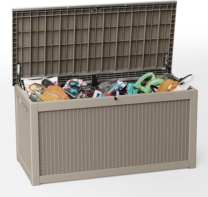 EasyUp 260 Gallon Outdoor Storage Box Waterproof, UV Resistant Resin Deck Box with Hydraulic Rod, Reinforced Stability for Patio, Garden, Rattan Gray