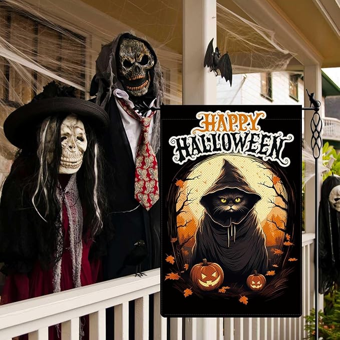 Happy Halloween Garden Flag Black Wizard Cat Flag Ghost Pumpkin Vertical Double Sided Rustic Farmland Burlap Yard Lawn Outdoor Decor 12.5x18"