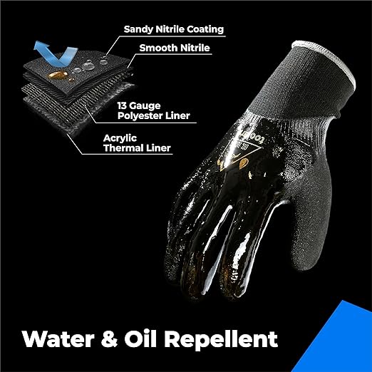 Waterproof Gloves for Men and Women, Freezer Gloves with Grip, Double Nitrile Dipped for Extreme Oil Repellent, for Construction, Mechanics, Mining, Plumbing, Black, XX-Large