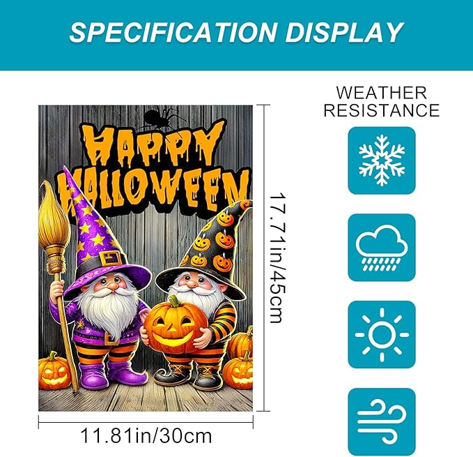 Halloween Horror Garden Flag 12x18 Inch Pumpkin Gnome Happy Halloween Flag Lantern Flames Outdoor Yard Decor House Banner Porch Lawn Patio Home Decoration