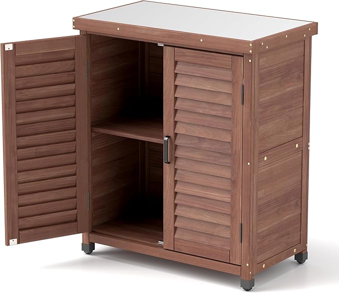 Elegant Brown Solid Wood Potting Bench with Storage Cabinet & Durable Metal Table Top for Outdoor Patio, Perfect Garden Furniture Workstation 31.5x17x36