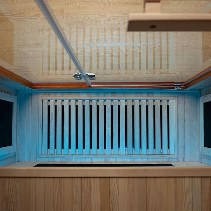 Woodbridge Infrared Home Sauna Room 2 Person Hemlock Wooden Indoor Sauna with 7 Carbon Heaters, Red Light Therapy, Bluetooth Speaker, Intelligent Control Panel, Tempered Glass & Top Vent