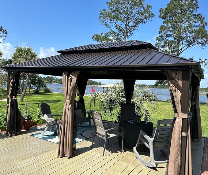 Domi 12'x20' Hardtop Gazebo Canopy - Outdoor MetalF with Galvanized Steel Double Roof, Curtain and Netting - Permanent Pavilion for Patio, Deck, Backyard