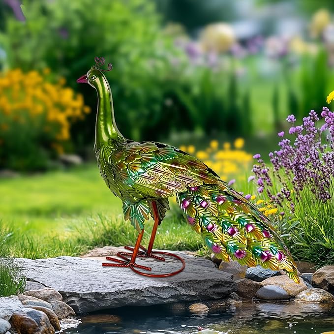 Peacock Yard Art Garden Decor Metal Peacock Outdoor Statue & Sculpture for Patio Lawn Backyard Outside Decorations Vibrant Multicolor, Green