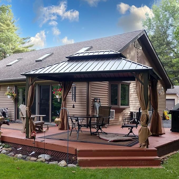 Domi 10' x 12' Hardtop Gazebo Permanent Metal Gazebo with Galvanized Steel Double Roof, Curtains and Netting for Party, Wedding, Outdoor Dining, Patio, Backyard, Brown