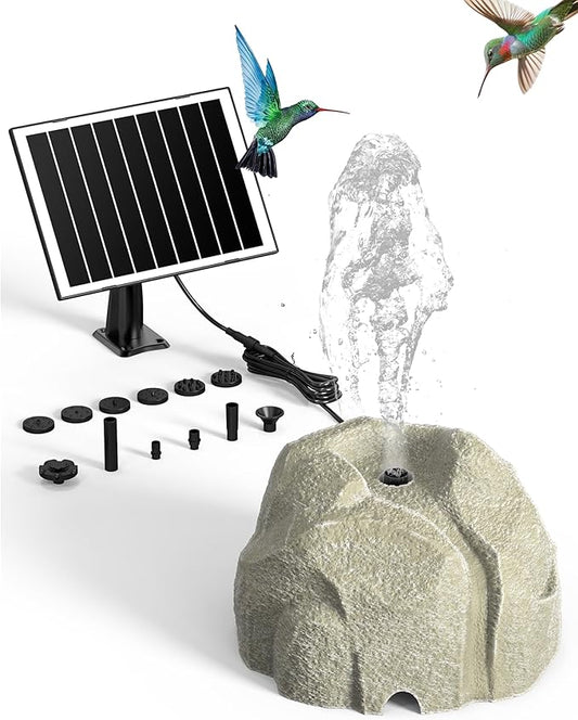 Solar Fountain for Bird Bath with Dry Run Protection Solar Powered Bird Bath Pump with 10 Nozzles,Resin Granite Rock Bird Fountain for Outdoor Water Features,Ponds,Can Cloudy Day Use（White）