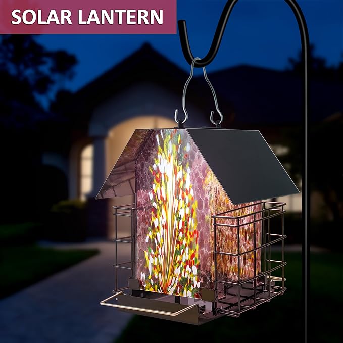 LUJII Solar Bird Feeder for Outdoor Hanging, 2 Suet Cake Cages, Hand-Blown Glass Container, Metal Roof, All-Weather Design for Woodpeckers, Purple