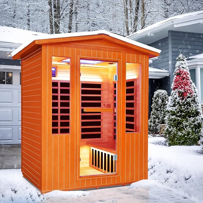 4 Person Outdoor Sauna Far Infrared Saunas Dry Sauna Room Wood Wooden Sauna Outdoor and Red Cedar Low EMF 2600W/240V with Oxygen Bar, 7 Color Light, Control Panel, Speaker - 62.2 * 46.9 * 81.9 in