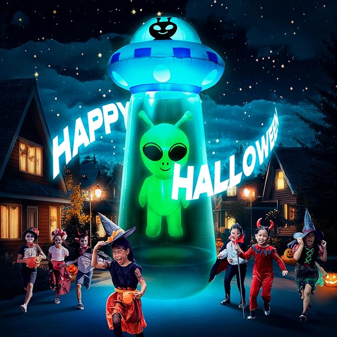 9.5Ft Towering Halloween Inflatables Decorations Outdoor UFO Alien, Huge Halloween Blow Up Yard Decorations UFO Alien Invasion with Built-in LED Light Strong Blower for Festival Party Lawn