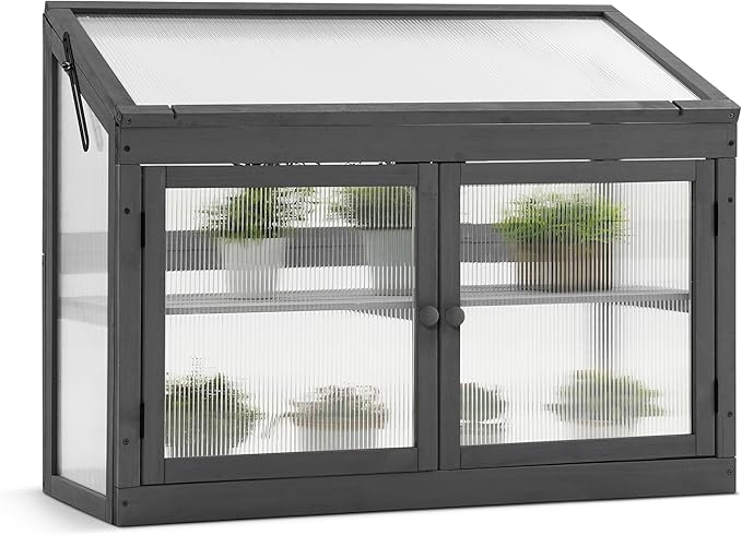 MCombo 2-Tier Wooden Cold Frame Garden Greenhouse Raised Flower Planter Shelf Bed Protection 6057-0160 (Dark Grey)