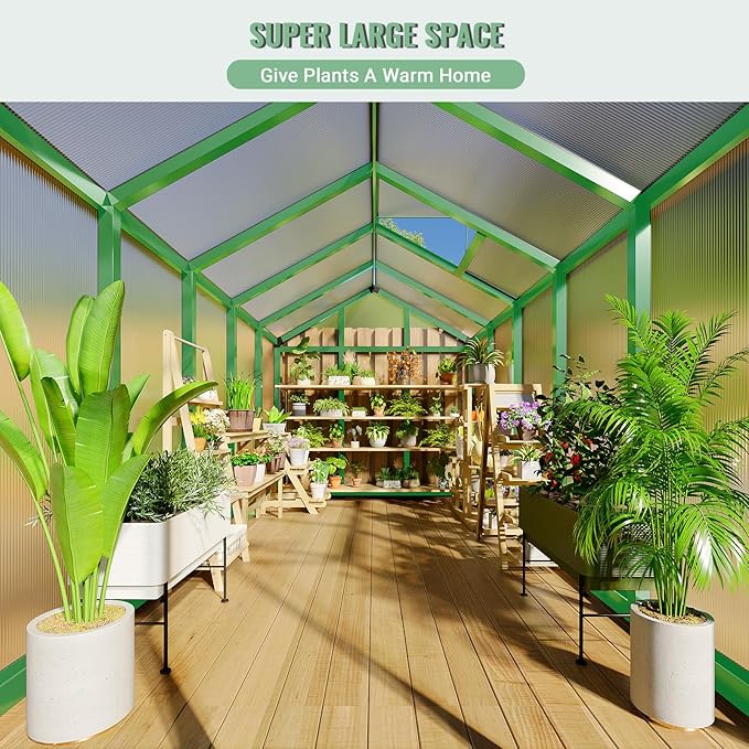6x10 FT Greenhouse, Easy Assembly Aluminum Polycarbonate Greenhouses for Outdoors with Roof Vent, Large Aluminum Walk-in Greenhouse for Sunroom Patio, Backyard, Garden, Sliding Lockable Door, Green