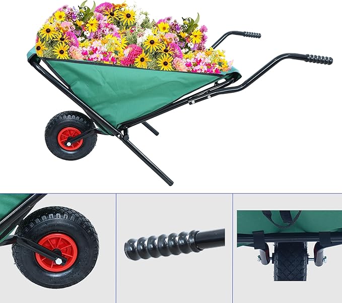 176 LBS Wheelbarrow, Green Foldable Heavy Duty Yard Cart, Iron and Oxford Cloth Lightweight Lawn Cart with 10 Inch Pneumatic Tires, for Grass, Leaf, Garden Supplies