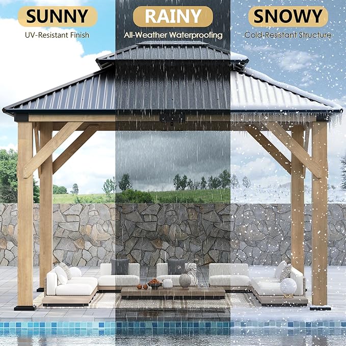 13'x 15' Outdoor Wooden Gazebo, Patio Hardtop Gazebos with Double Roof, Double Galvanized Steel Hardtop Roof Wood Frame with Netting and Curtains (13'x 15')