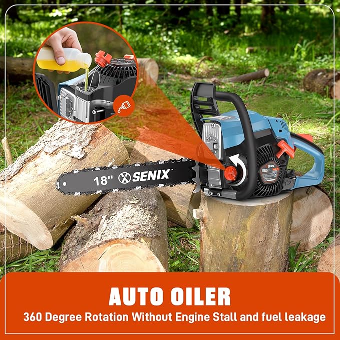 SENIX 4-Cycle 18-Inch Gas Chainsaw | 49cc Cordless Chain Saw for Wood Cutting, Tree Trimming, Farm & Home Garden Use | No Fuel Mixing, Automatic Oiler & Quick Start Engine