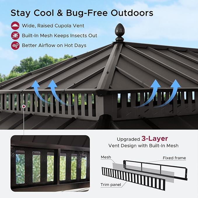 SUNJOY Kingston 20' x 12' Hardtop Gazebo with Galvanized Steel Double Roof, Curtain and Netting, Brown Aluminum Posts Permanent Pavilion Gazebo for Garden, Patio, Deck, Lawn