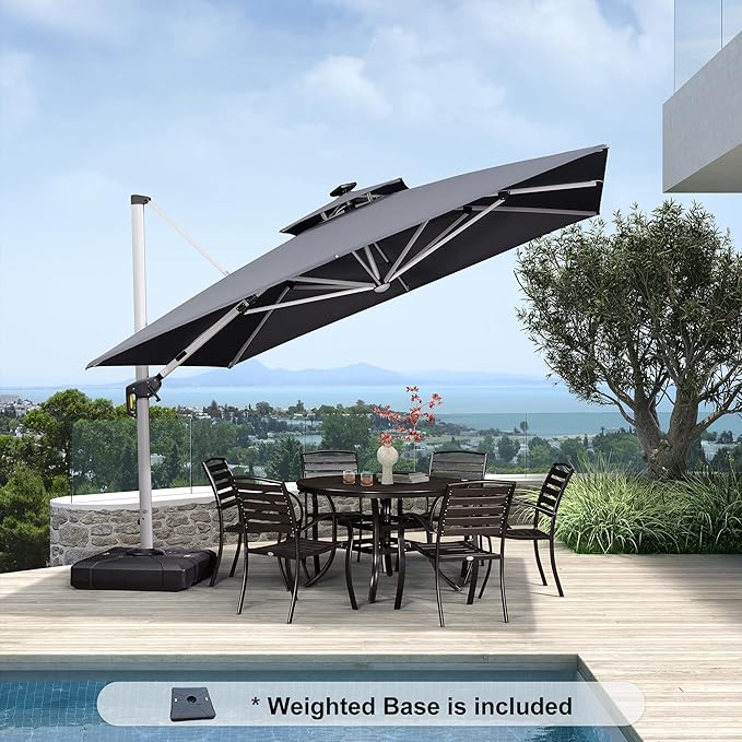 PURPLE LEAF 11 Feet Solar Powered LED Square Cantilever Umbrella With Base Patio Umbrella Windproof Hanging Umbrella Outdoor Umbrella Offset Umbrella, Grey