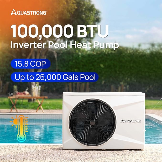 Aquastrong Inverter Swimming Pool Heat Pump, 100,000 BTU 26,000 Gallons Electric Pool Heater for Above Ground and Inground Pool, WiFi Capable Timer, Heating and Cooling Pool Heater 220V