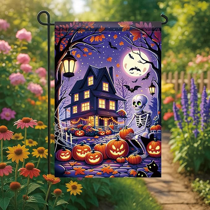 Halloween Garden Flag Skeleton Flag 12x18 Inch Haunted House Pumpkin Yard Banner Double Sided Outdoor Spooky Decor for Lawn Porch Patio Trick or Treat Holiday Seasonal House Decoration