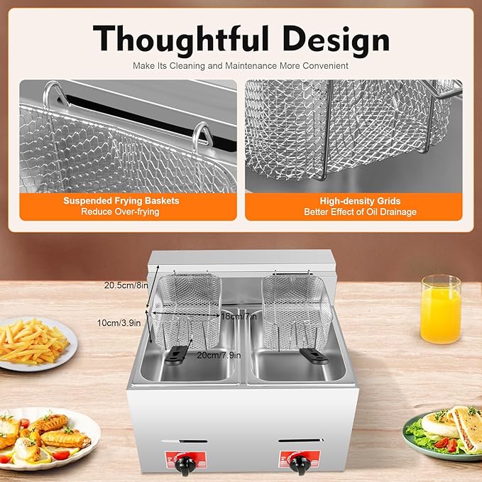 Stainless Steel Deep Fryer with Frying Baskets and Lid, 12.7QT/12L Capacity Countertop Deep Fryer Oil Frying Pot Kitchen Frying Machine Table Snack Fryer Double Cylinder Gas Fryer (LPG)