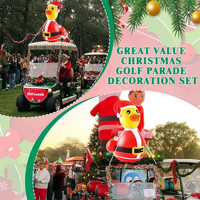 Hungdao 9 Pcs Christmas Golf Cart Parade Decorations Include 1 Pcs 4 Feet Inflatable Giant Santa Duck with Float Bunting Flag Tinsel Garland for Christmas Car Yard Party Decoration