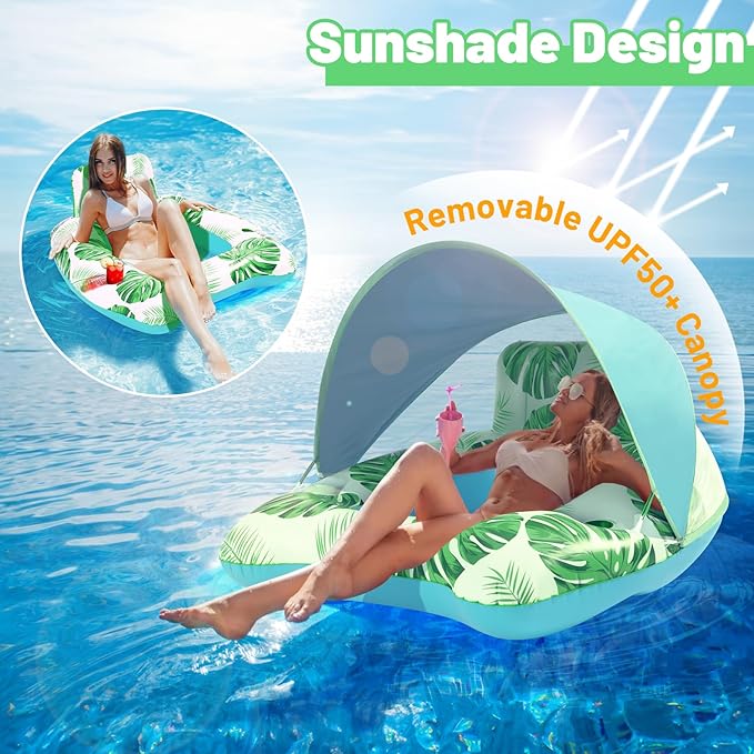 【Upgraded】 Pool Floats Adult with Canopy, XL Inflatable Pool Floaties for Adults Heavy Duty, Pool Chair and Lounge for Swimming in Pool Beach Lake, Float for Pool Floating with Cup Holder, Backrest
