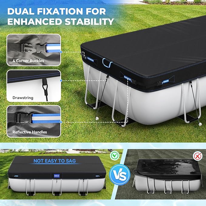 7x10 Ft Rectangular Pool Cover with Reflective Strips for Above Ground Pool, 420D Swimming Pool Cover for Rectangular or Oval Frame Pools, Solar Cover with Drawstring and Ground Nails