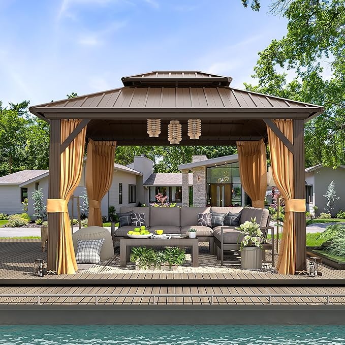MELLCOM 10'x12' Hardtop Gazebo, Metal Double Roof Aluminum Gazebos with Curtain and Netting,Brown Permanent Galvanized Steel Pavilion for Patio, Lawn & Deck