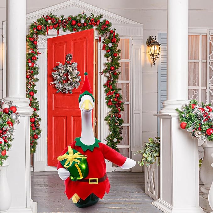 Christmas Toy Soldier Style Porch Goose Outfits,2 Pcs/Set Goose Clothes with Pointed Hat and Gift Box Fits 23" Lawn Goose Statue,Red Christmas Outdoor Goose Costume,Yard Patio Garden Xmas Decor