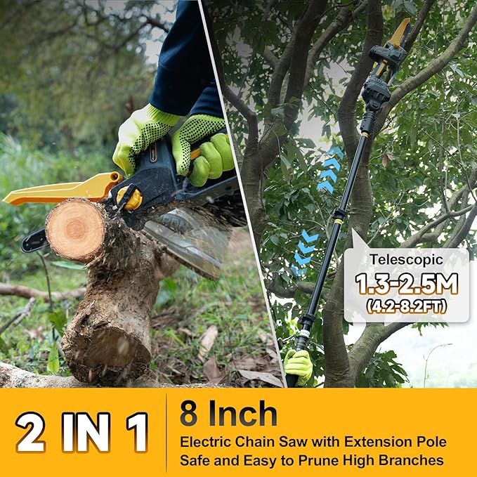 2 In 1 Mini Chainsaw 8 Inch Cordless Hand-Held Electric Chain Saw with Pole Compatible with Makita 18V Batteries Branch Cutter 8000mAh Battery PR-E8-Set