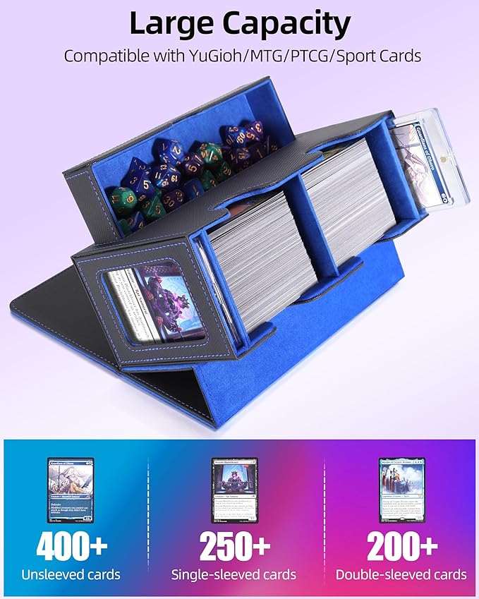 MTG Deck Box, MTG Commander Card Deck Box with Commander Display, Fits 250+ Single Sleeved, Double Card Storage Box with Dice Tray, Magnetic Card Storage Case for CCG TCG Sports Cards, Black Blue